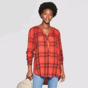 Universal Thread Orange & Black Plaid Lightweight Oversize Tunic Blouse Size S